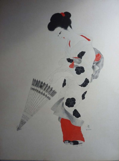 Japonaise à l'ombrelle et au noeud rouge - Toshio Bando