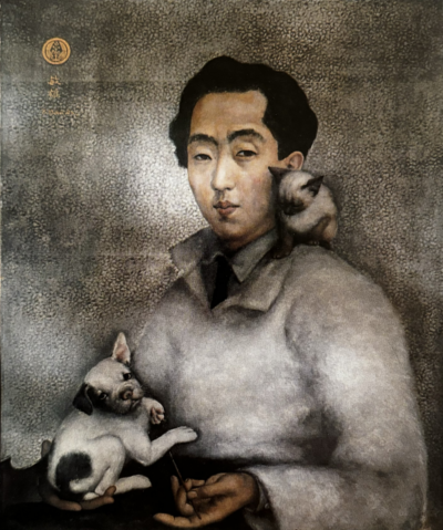 Autoportrait, chaton et chiot