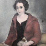 Jeune femme au lacet rouge et chaton - Toshio Bando